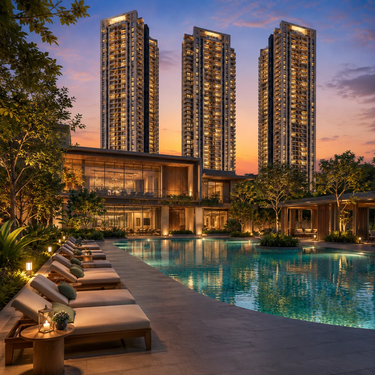 Swimming pool deck beside the central clubhouse at Purva Park Royale, Vakil Garden City, Bengaluru