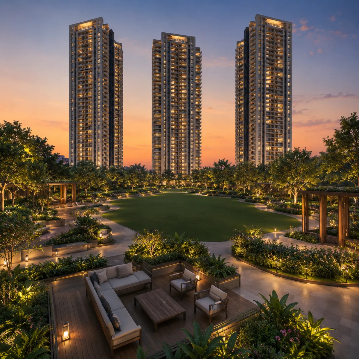 Landscaped courtyard reference image for Purva Park Royale, Vakil Garden City