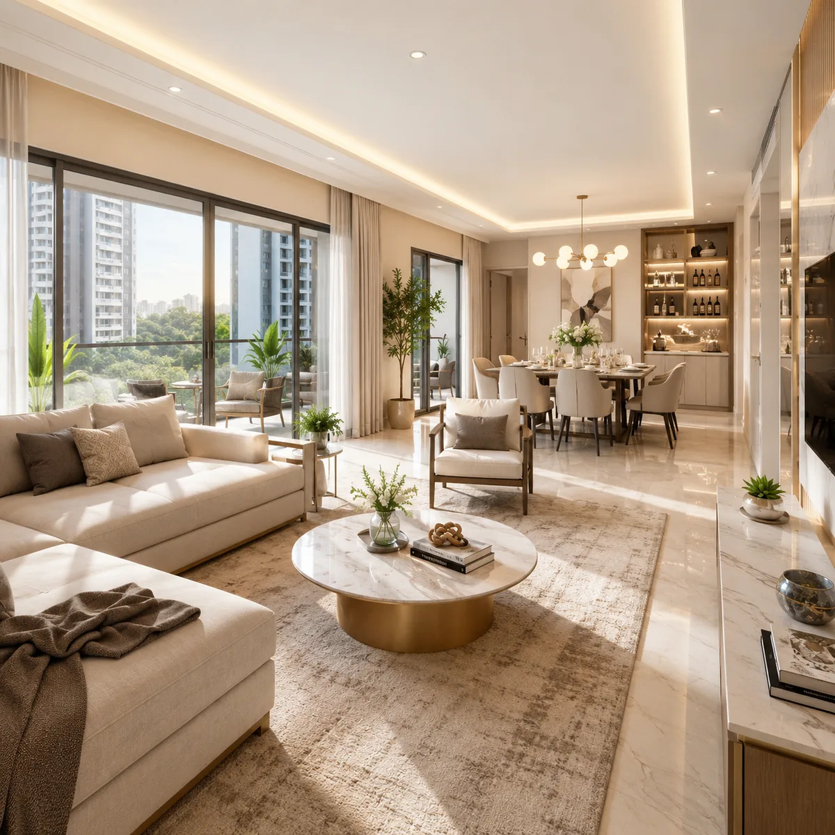 Interior living and dining render inside a sample residence at Purva Park Royale