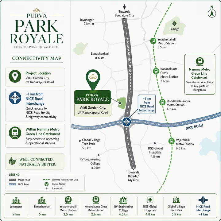 Location map showing Purva Park Royale at Vakil Garden City, off Kanakapura Road, Bengaluru